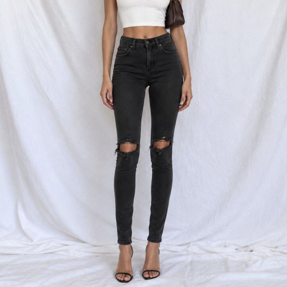 Topshop Dark Gray Faded Wash High Waisted Ripped Knee Skinny Jeans Size XS